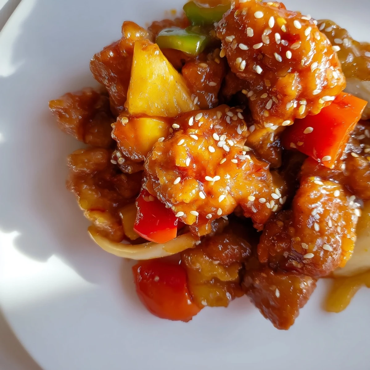 A close-up of Slow Cooker Hawaiian Pineapple Chicken with juicy pineapple chunks and colorful peppers in a rich sauce.
