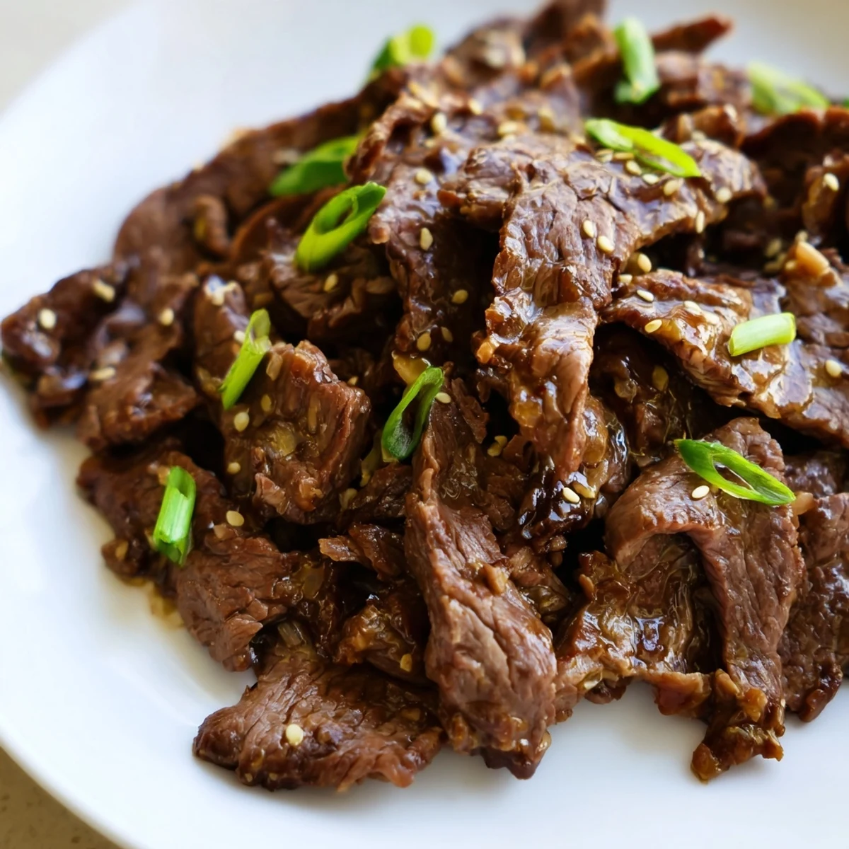Steaming bowl of Ultimate Slow Cooker Mongolian Beef served over fluffy jasmine rice with green onions.