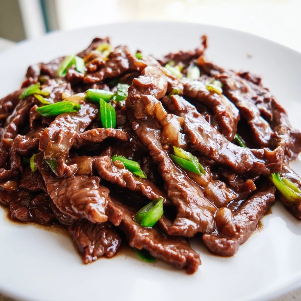 Savory Ultimate Slow Cooker Mongolian Beef with tender strips and a glossy brown sauce, served over steamed rice with green onions.
