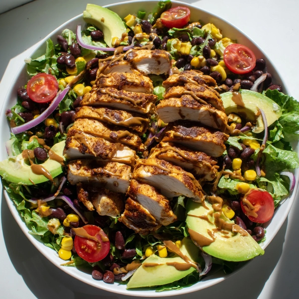A close-up view of the chipotle lime chicken salad reveals creamy avocado slices and a zesty dressing drizzled over fresh cilantro.