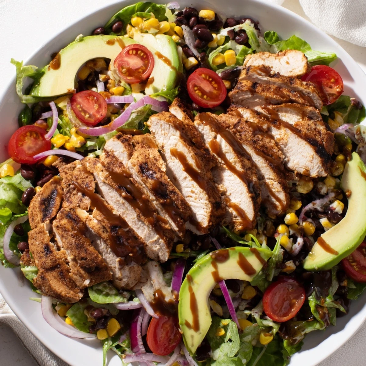 Golden-brown grilled chipotle lime chicken slices rest atop a vibrant bed of mixed greens, black beans, and sweet corn kernels.