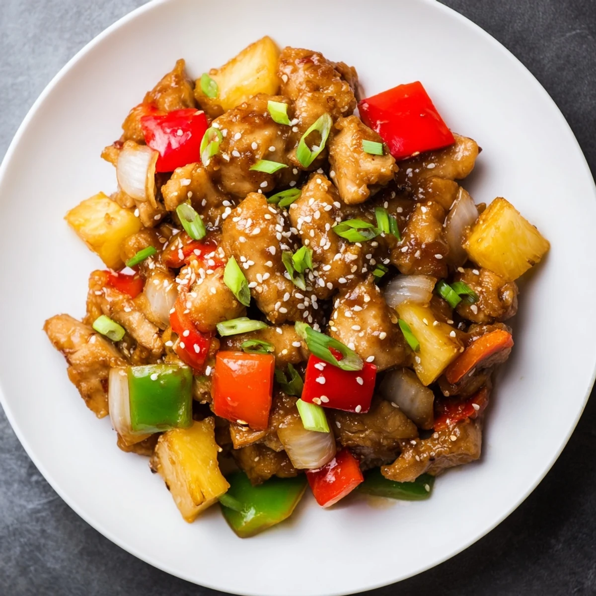 Tender chicken chunks in a sweet pineapple and bell pepper sauce in a slow cooker for Sweet Hawaiian Crockpot Chicken.