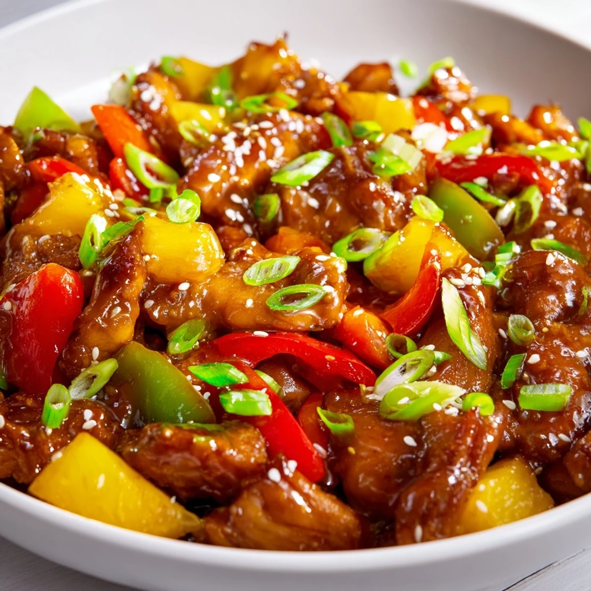 Fork-tender Sweet Hawaiian Crockpot Chicken with pineapple chunks and red bell peppers served over white rice.