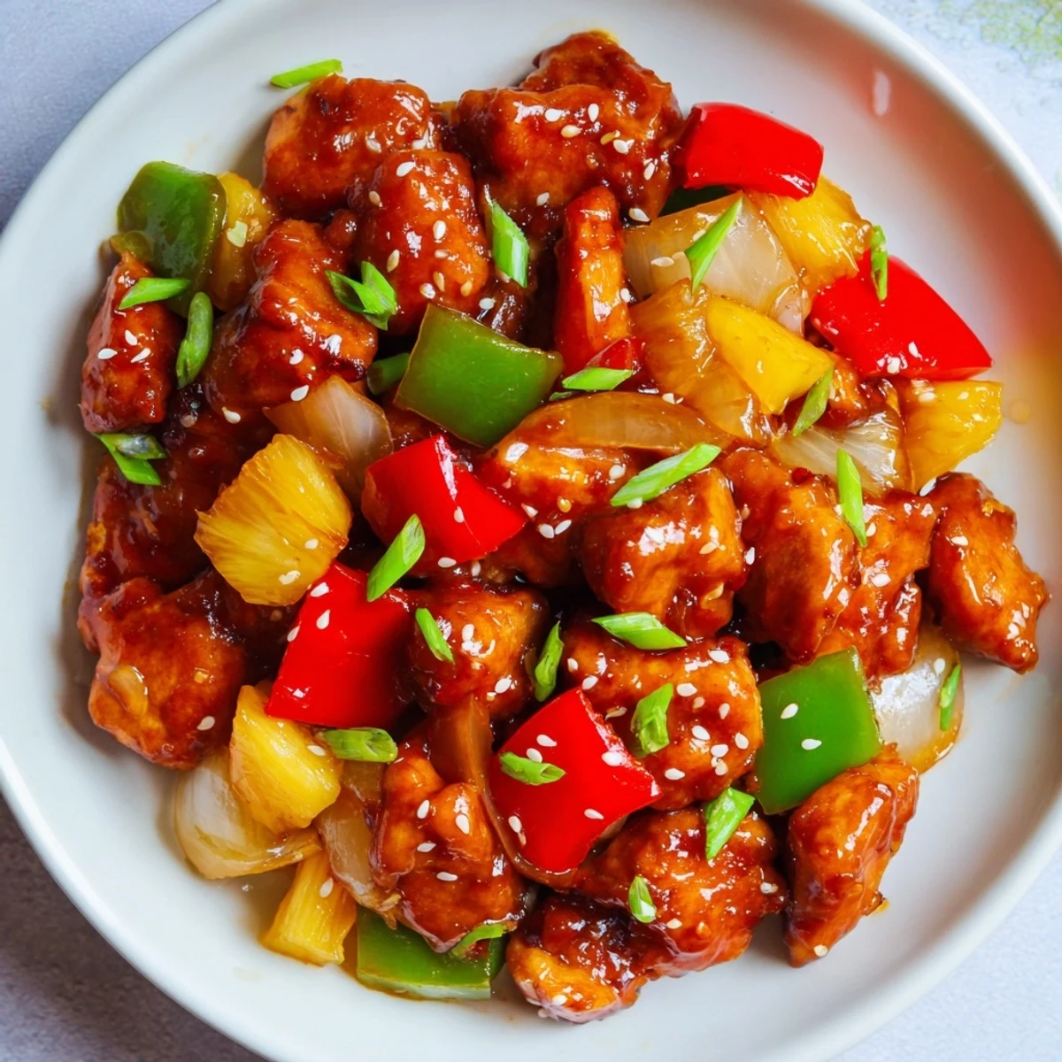 Easy Sweet Hawaiian Crockpot Chicken slow-cooked with onion, peppers, and pineapple juice, garnished with green onions and sesame seeds.