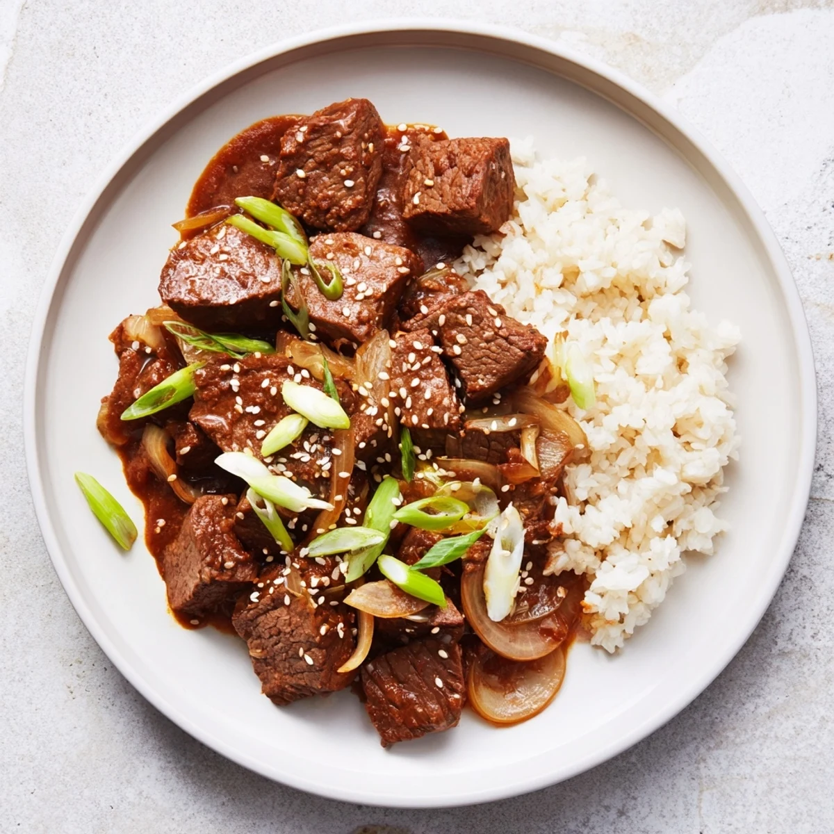 Tender beef cubes in rich Korean sauce from the Crock Pot Korean Beef recipe, served steaming over white rice.