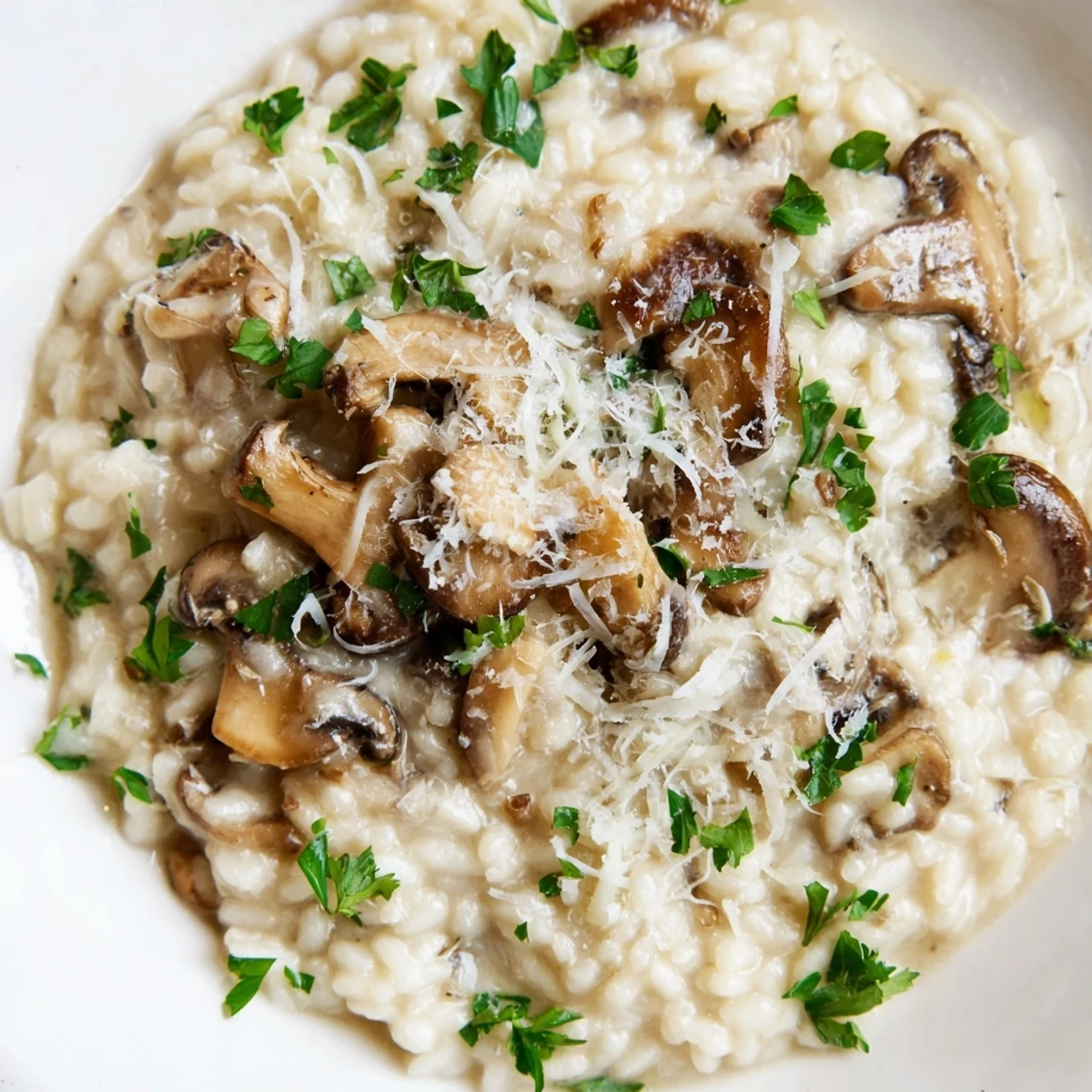 Creamy Mushroom Risotto served in a white bowl, topped with sautéed mushrooms and fresh parsley garnish.