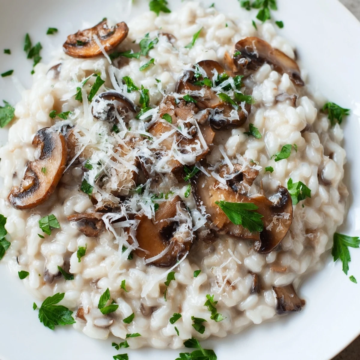 A close-up of Creamy Mushroom Risotto with golden mushrooms and grated Parmesan cheese on top.