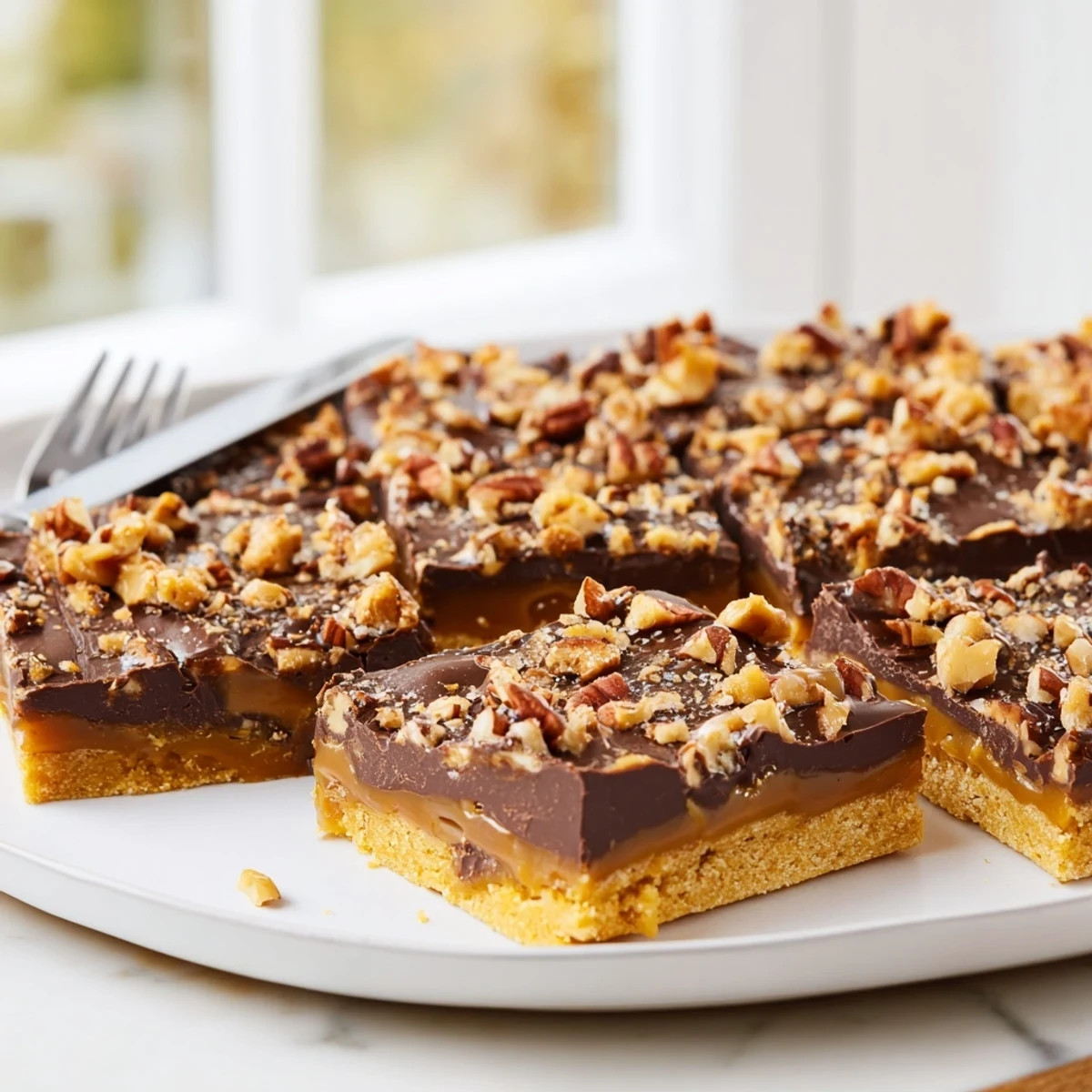 Warm, golden-brown Cake Mix Toffee Bars with melted chocolate and crunchy toffee bits, served on a rustic wooden board.  