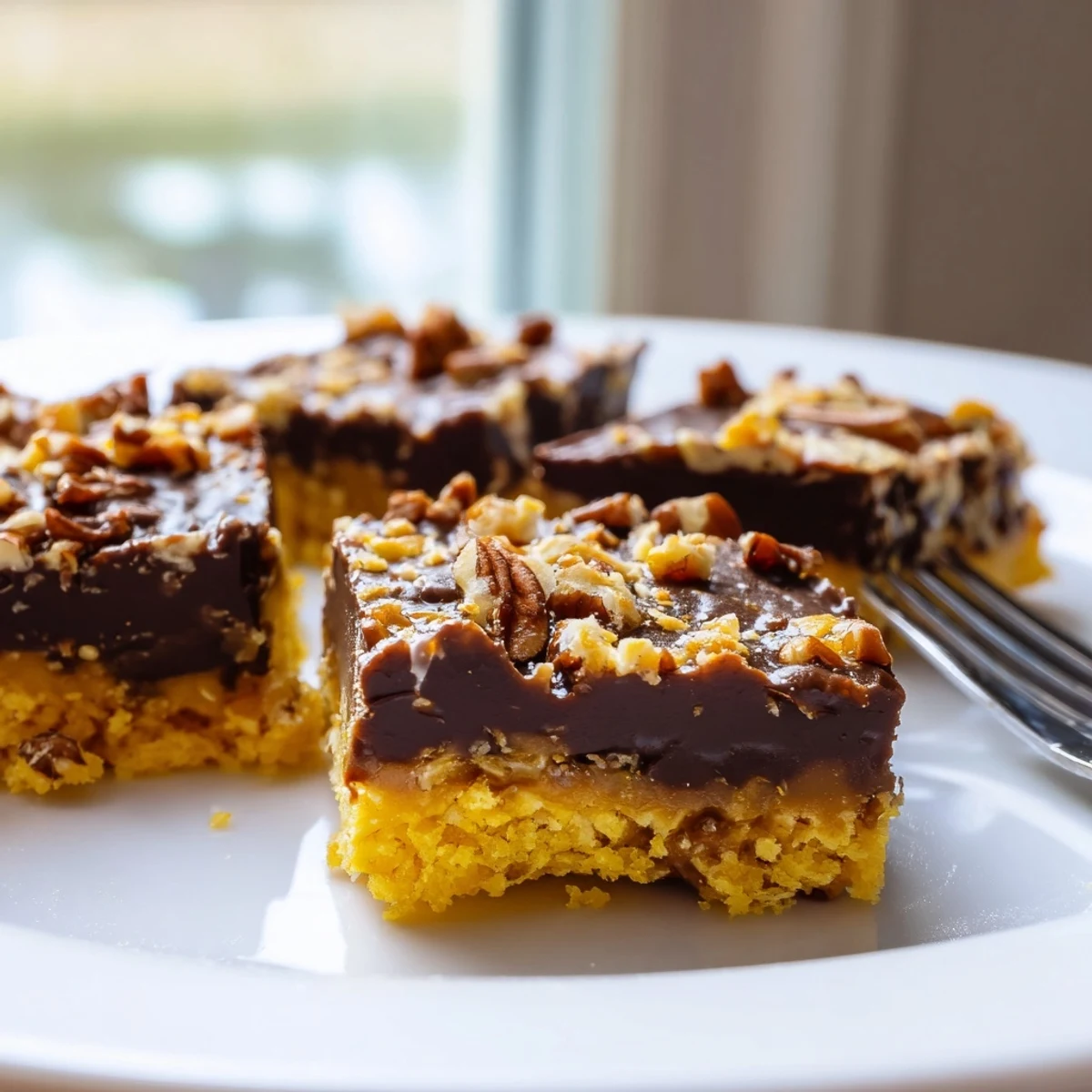 Delicious, homemade Cake Mix Toffee Bars with pecans and a dusting of sea salt on a white plate.