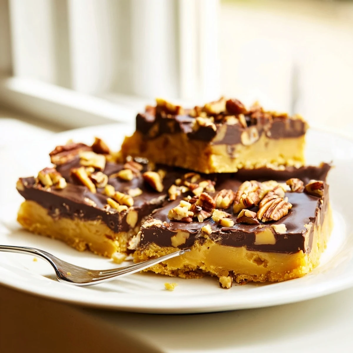 A close-up view of stacked Cake Mix Toffee Bars, showing the chewy texture and generous chocolate layer.  