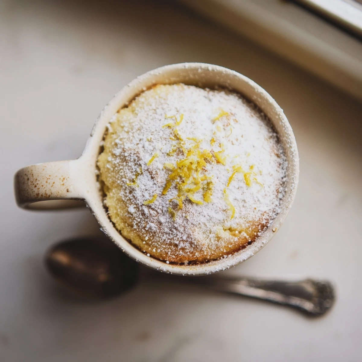 A bright slice of Lemon Cottage Cheese Mug Cake garnished with lemon zest, a light dessert ready to enjoy.