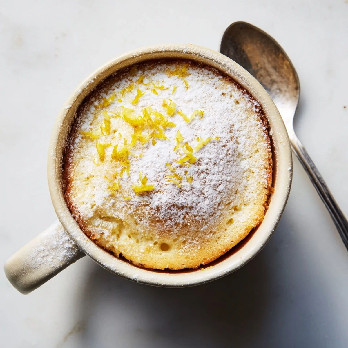 Single-serving Lemon Cottage Cheese Mug Cake with fluffy texture and powdered sugar topping on a cozy mug background.