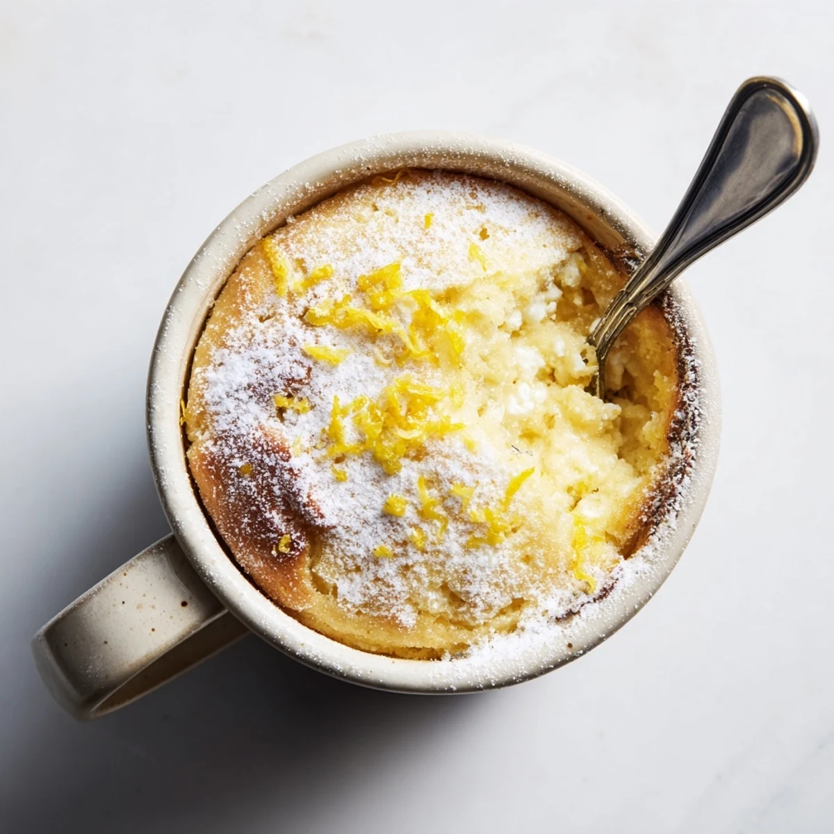 Fresh Lemon Cottage Cheese Mug Cake cooked in microwave, served warm with a spoon for a tangy, creamy dessert.