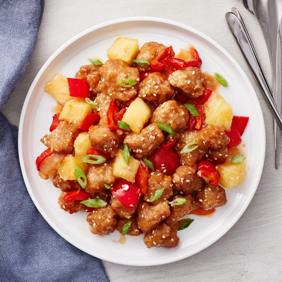 Glistening pieces of Sticky Pineapple Chicken glazed in sweet, tangy sauce served over white rice.