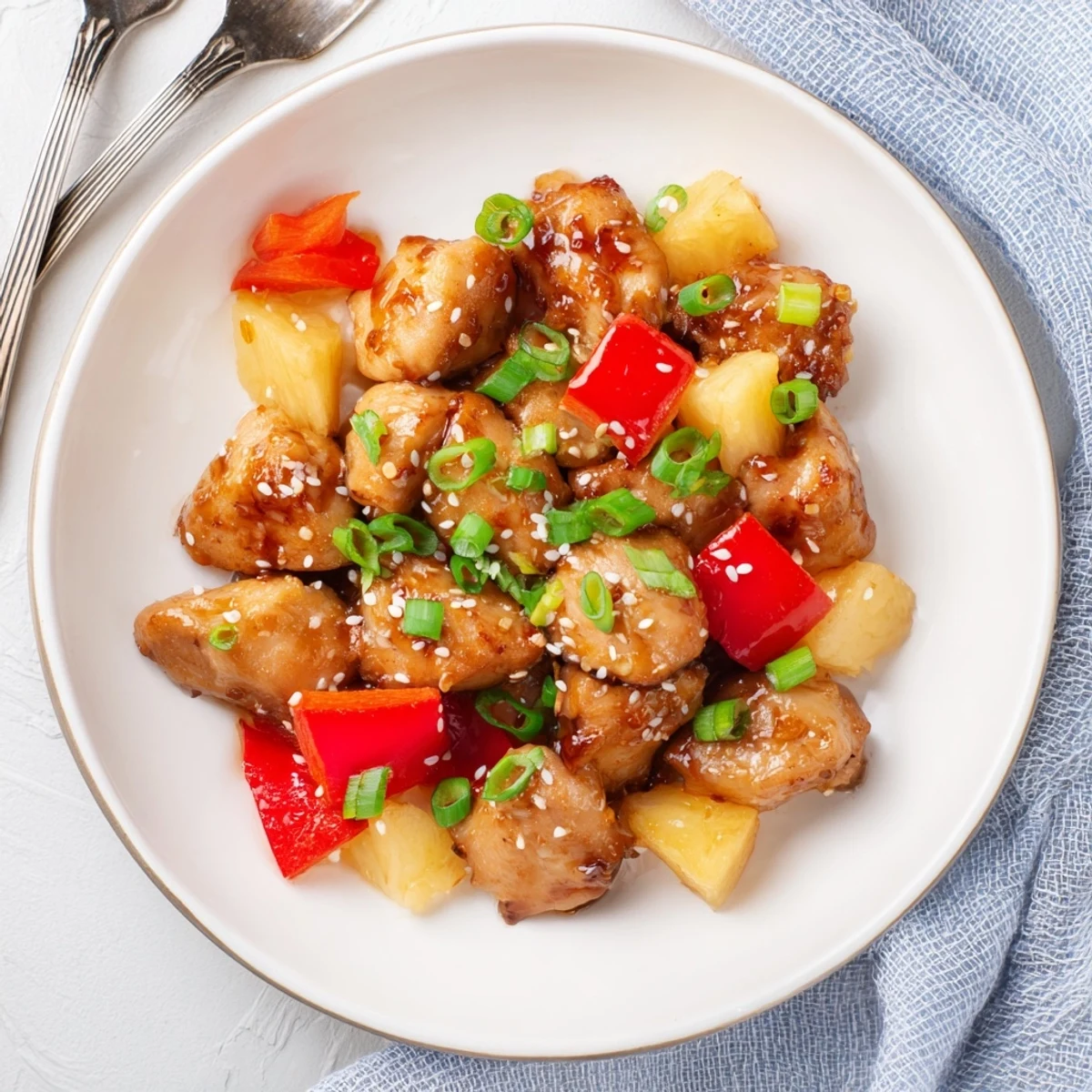 Steam rises from a plate of Sticky Pineapple Chicken with bell peppers and fresh pineapple chunks.