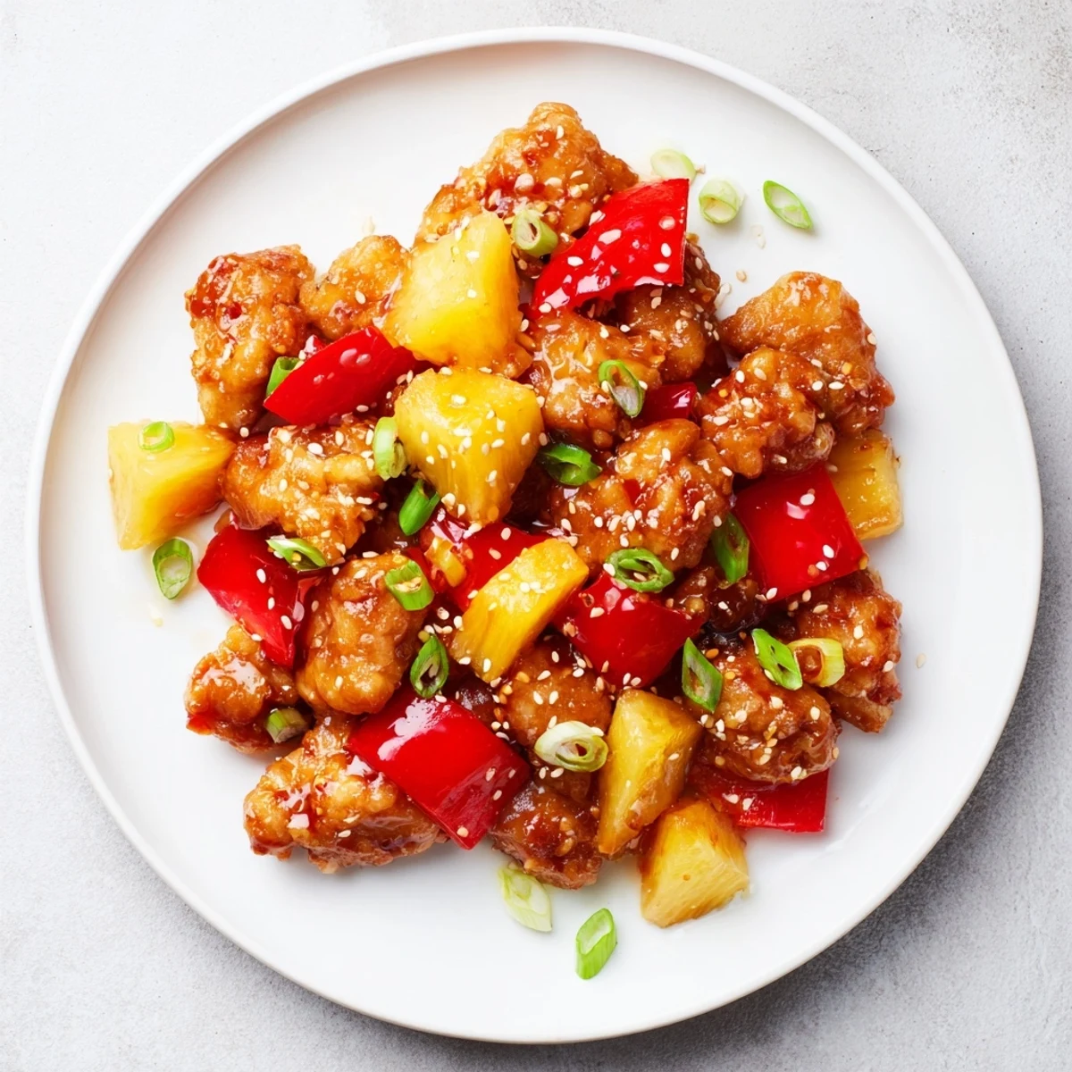 Golden Sticky Pineapple Chicken topped with green onions and sesame seeds on a ceramic dinner plate.