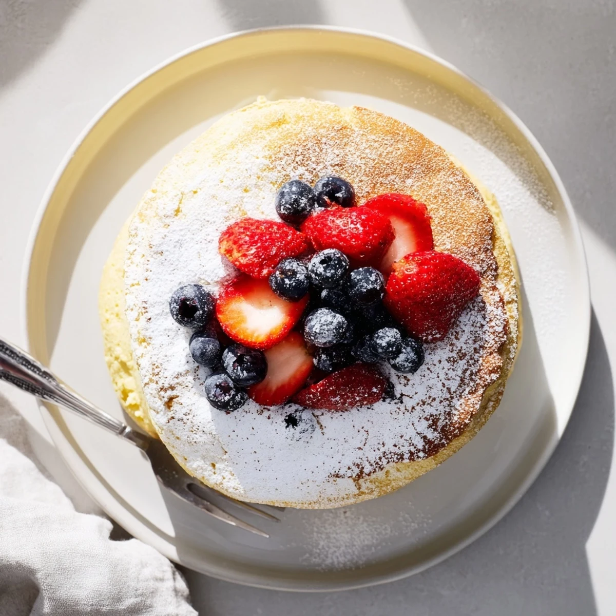 Golden-brown Fluffy Yogurt Cloud Cake with a delicate dusting of powdered sugar and fresh berries.