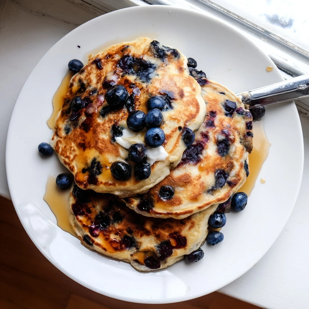 A close-up of fluffy Greek yogurt blueberry pancakes on a white plate, with creamy yogurt and vibrant blueberries for a wholesome breakfast.  
