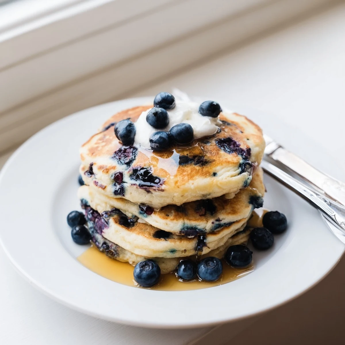Golden-brown fluffy Greek yogurt blueberry pancakes stacked high, topped with fresh blueberries and maple syrup dripping down the sides.  