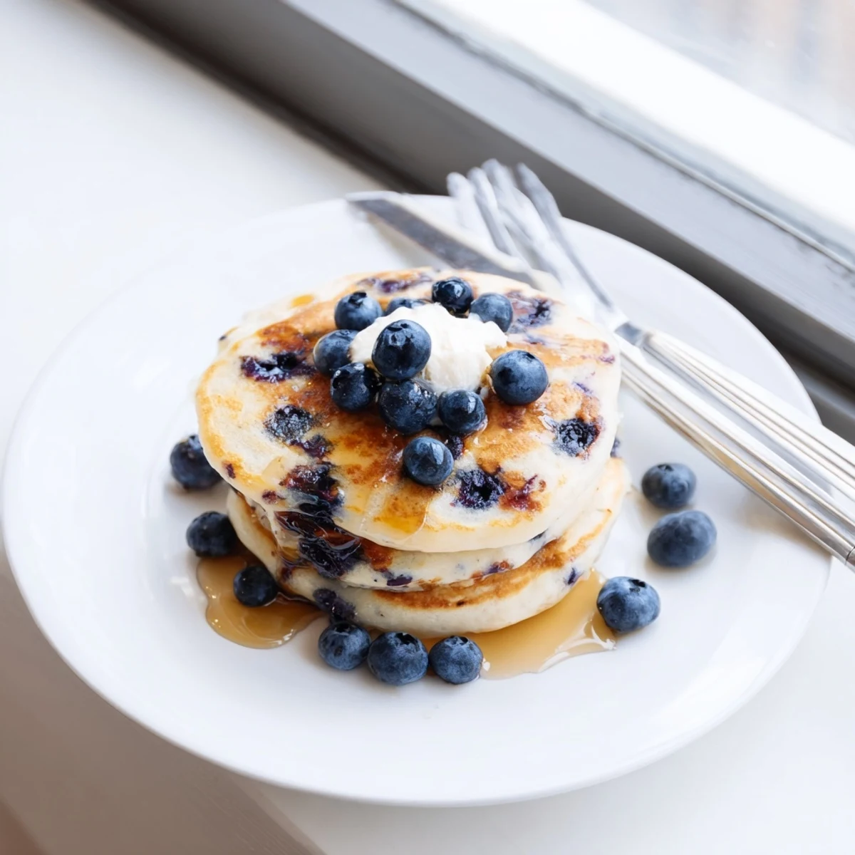Warm fluffy Greek yogurt blueberry pancakes served on a rustic wooden table, drizzled with honey and surrounded by fresh berries.