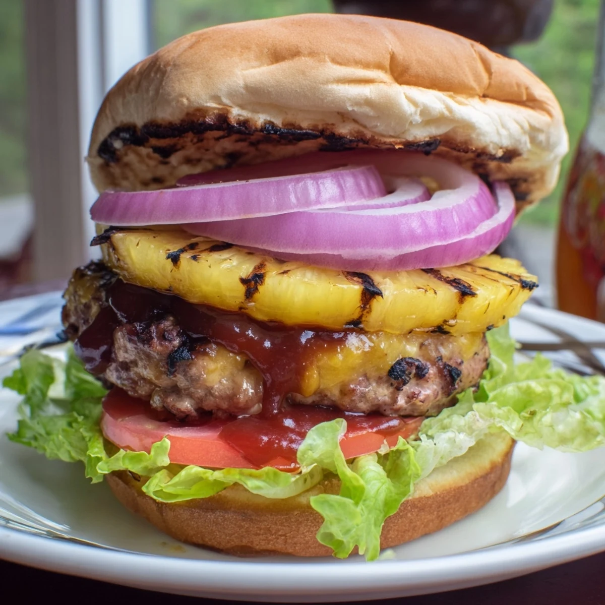 A close-up of the Hawaiian Pineapple Chicken Burger with a juicy grilled patty and caramelized pineapple ring glistening in the light.