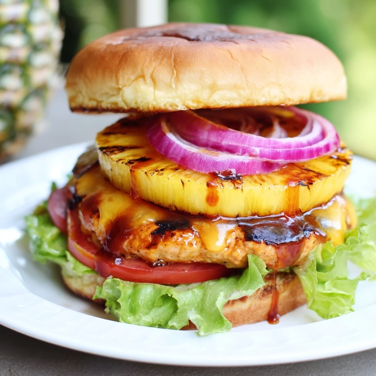 The Hawaiian Pineapple Chicken Burger is served on a toasted bun with crisp lettuce, red onion, and barbecue sauce drizzle.