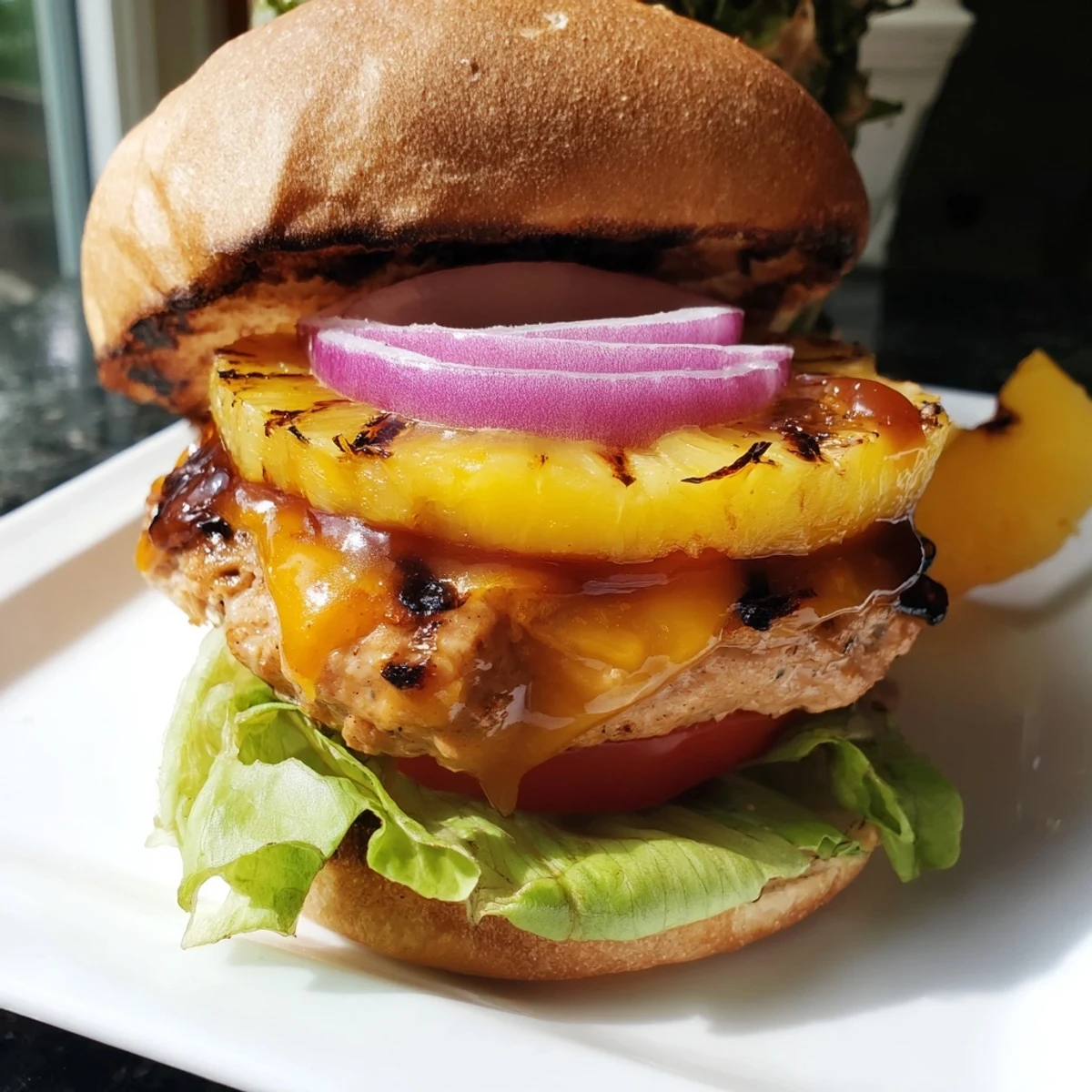 An overhead view of the Hawaiian Pineapple Chicken Burger on a plate with sweet potato fries, highlighting the tropical toppings.
