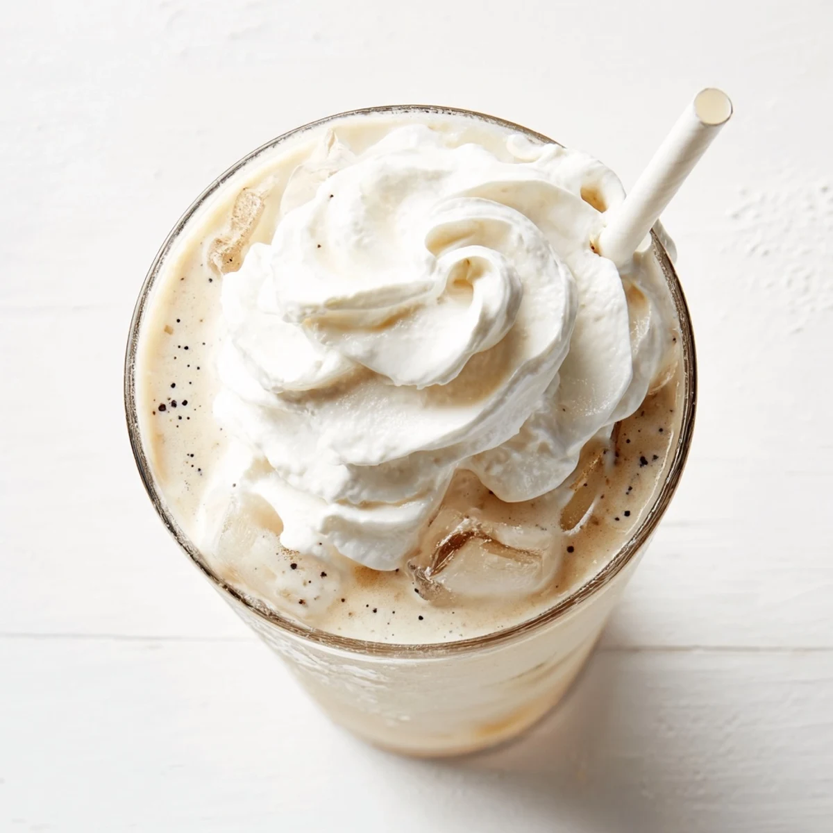 A creamy Vanilla Bean Frappuccino blended with ice and vanilla ice cream served in a frosted glass.