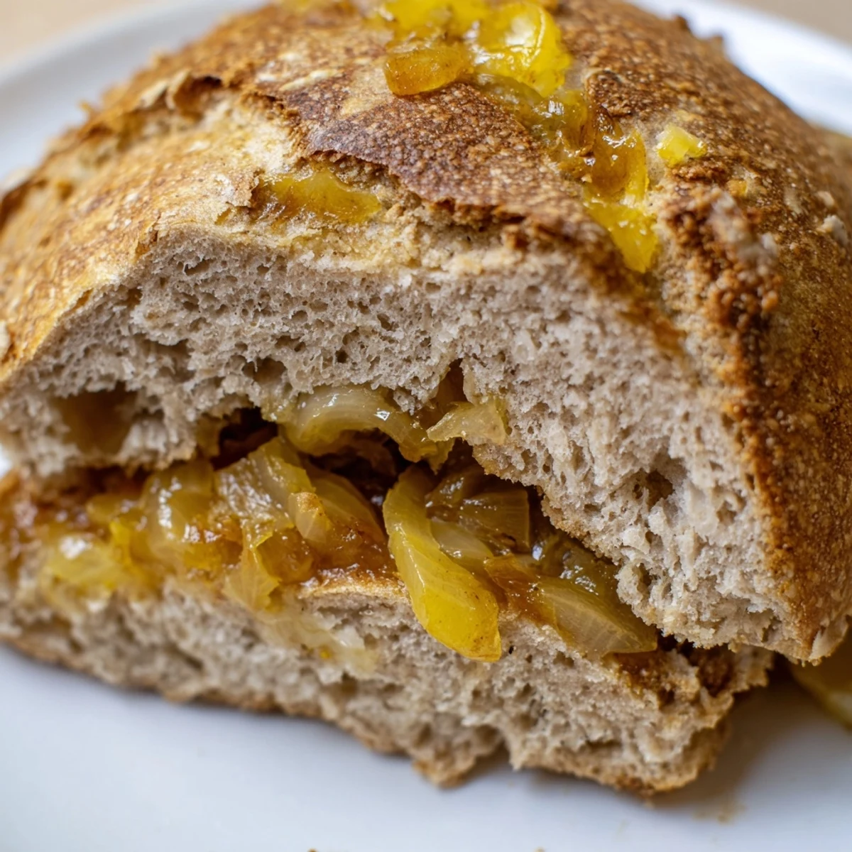 Freshly baked Sourdough Onion Bagels with golden crusts and sticky caramelized onion topping on a wooden board.