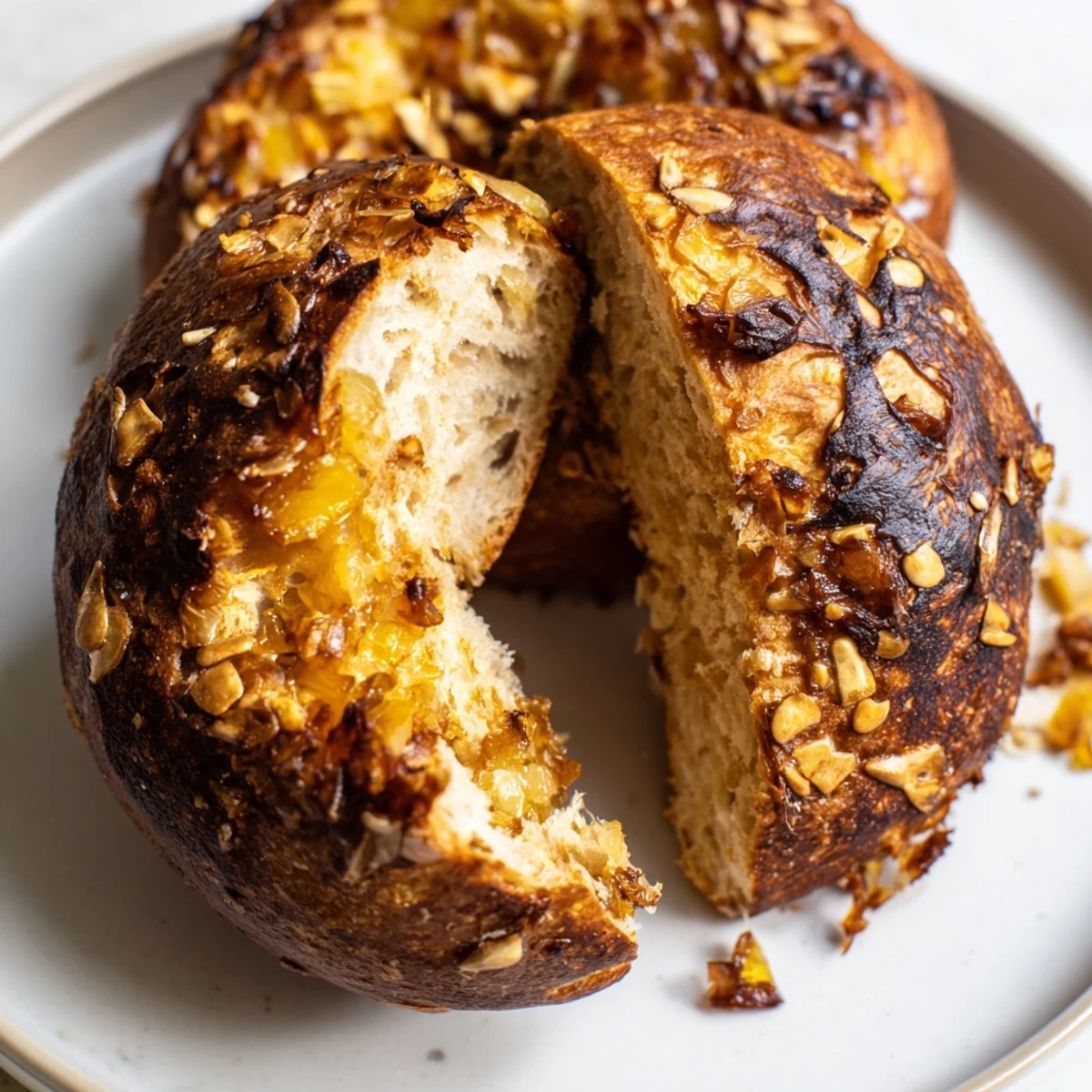 A close-up of Sourdough Onion Bagels, chewy interior and savory onion pieces, ready for a brunch spread.