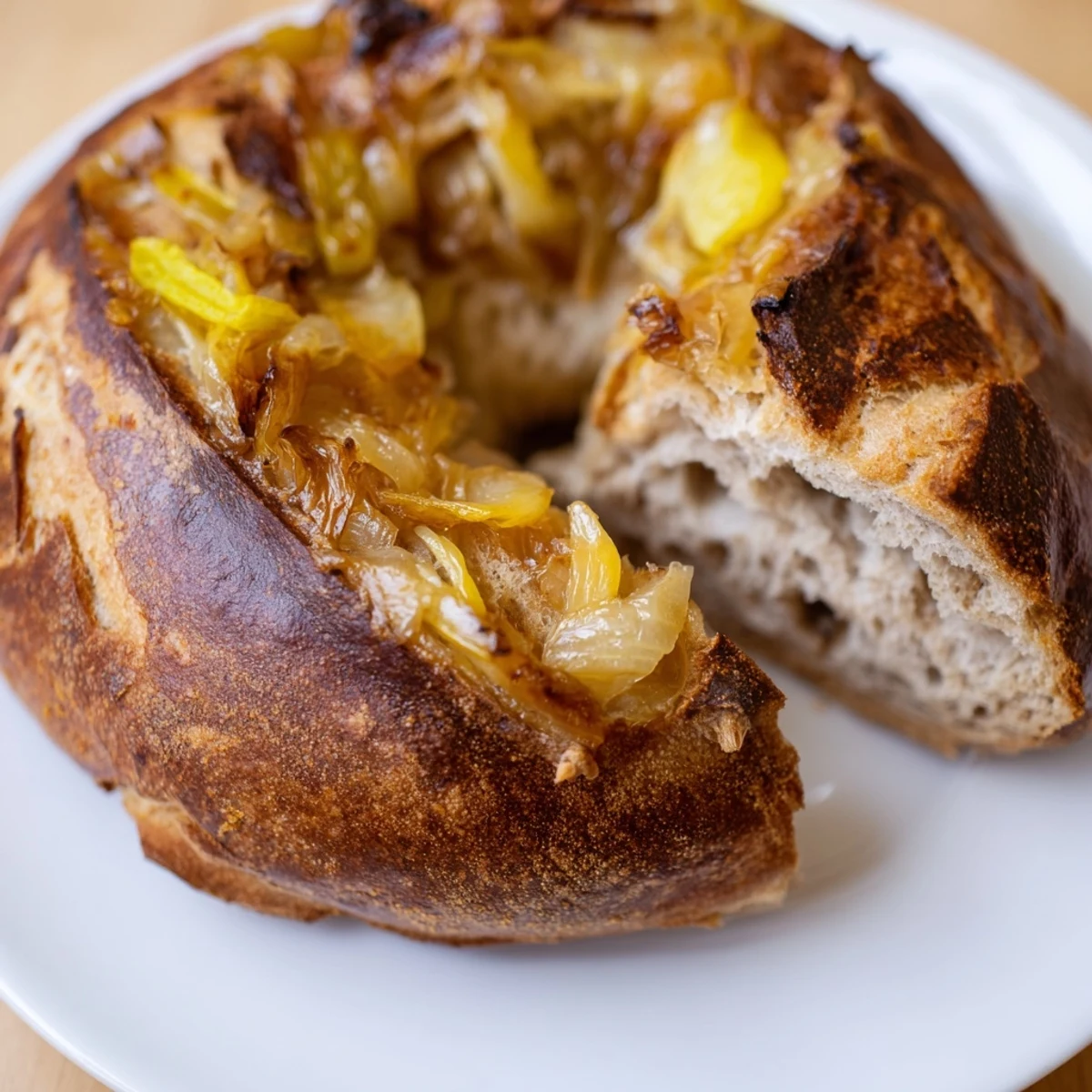 Sourdough Onion Bagels fresh from the oven, topped with caramelized onions and served on a white plate.