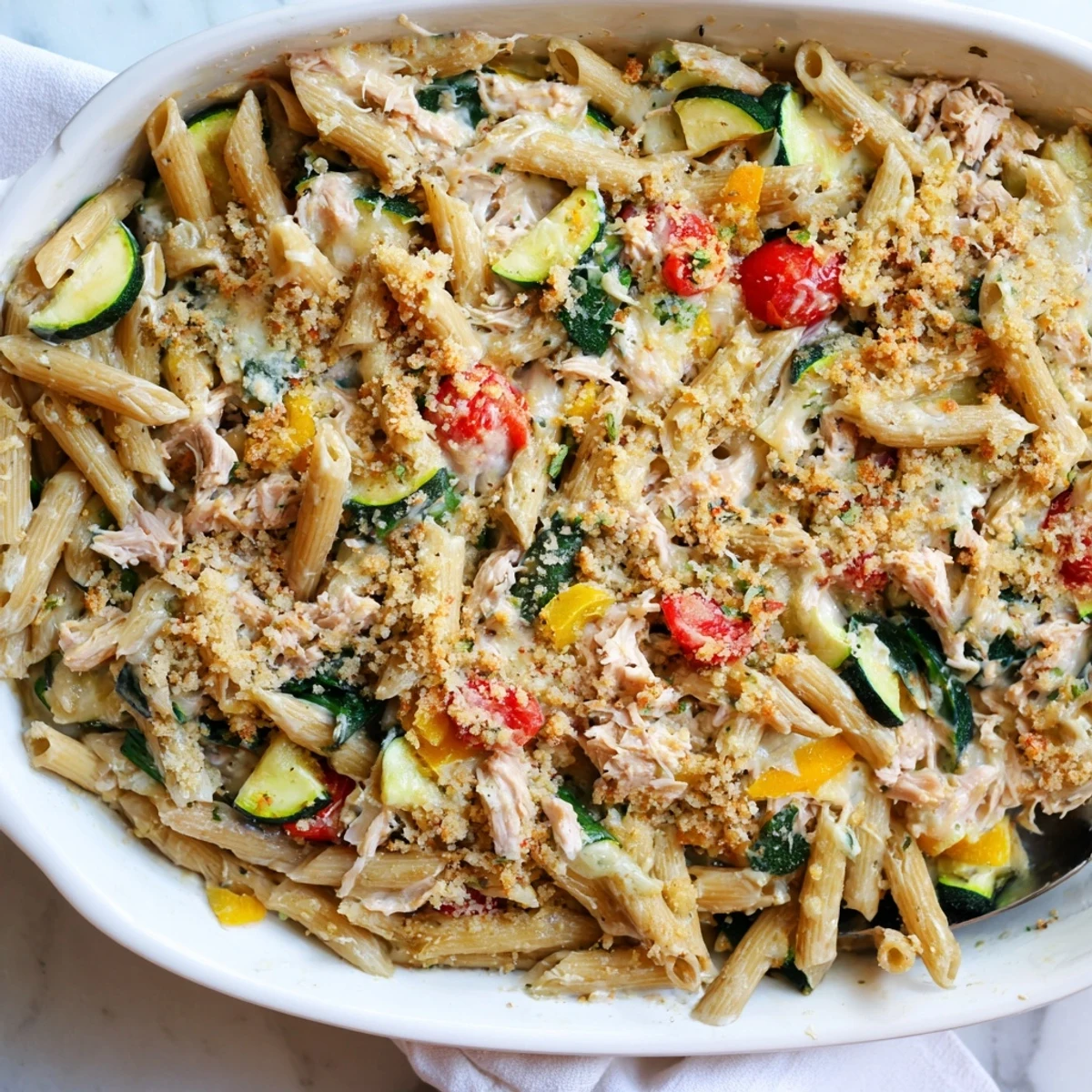 Creamy Lactose-Free Tuna and Veggie Pasta Bake in a golden ceramic dish, steaming with melted cheese and colorful vegetables.