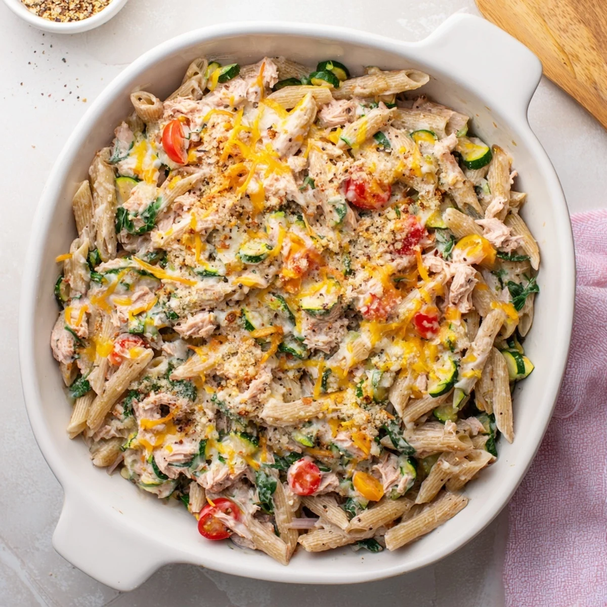 Fork-ready Lactose-Free Tuna and Veggie Pasta Bake with spinach, zucchini, and bell pepper in a creamy sauce.
