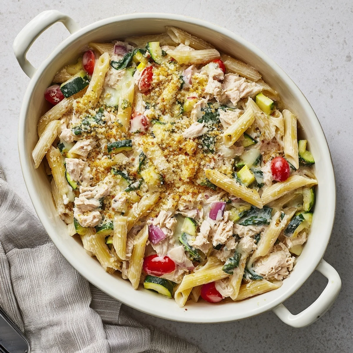 Family-style serving of Lactose-Free Tuna and Veggie Pasta Bake, golden and bubbly, paired with a crisp green salad.