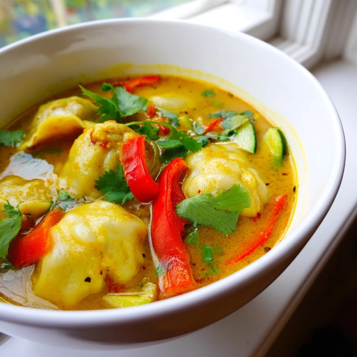 Steaming bowl of Yellow Thai Curry Dumpling Soup garnished with cilantro, chili slices, and lime wedges.