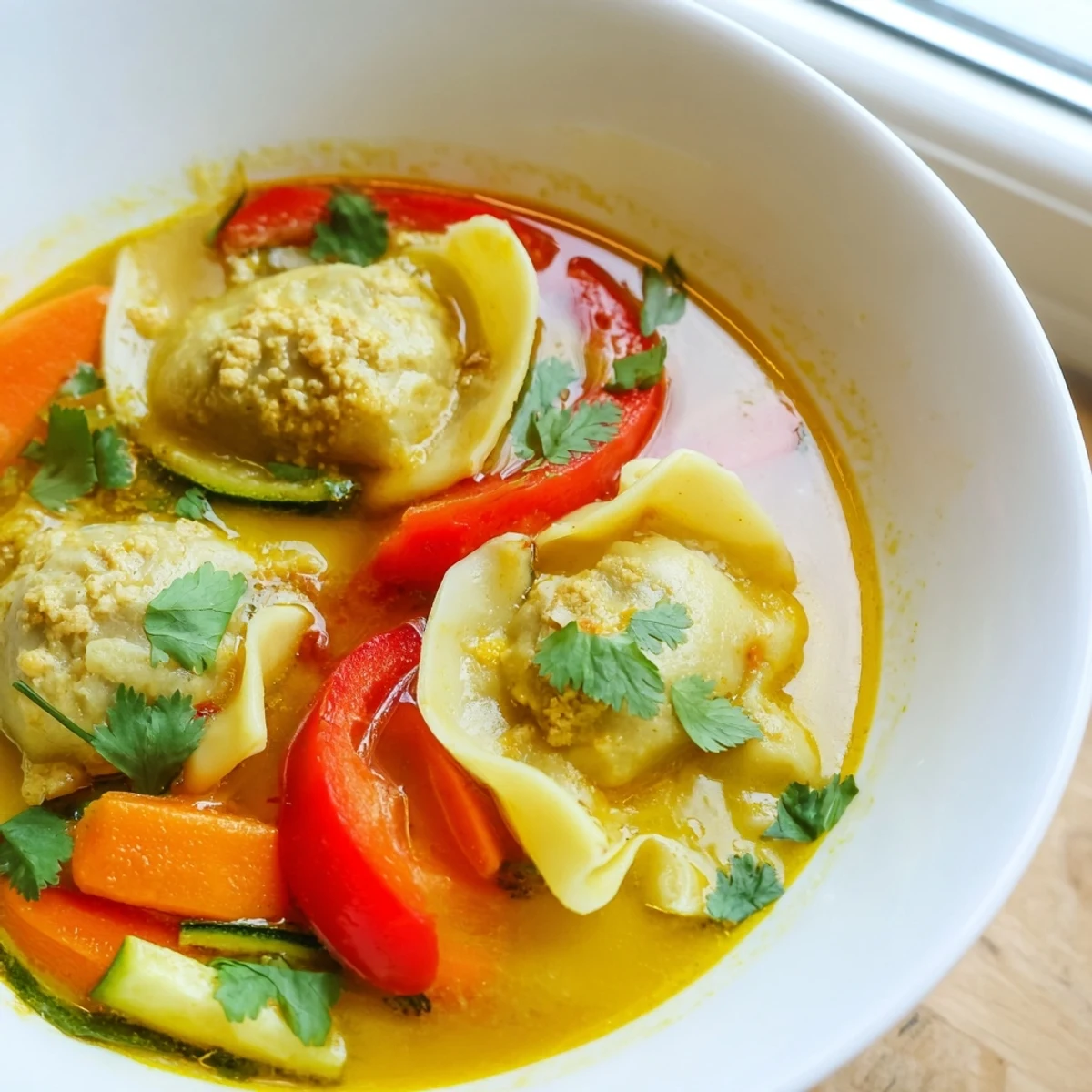Vibrant Yellow Thai Curry Dumpling Soup served hot in a ceramic bowl with colorful veggie toppings.