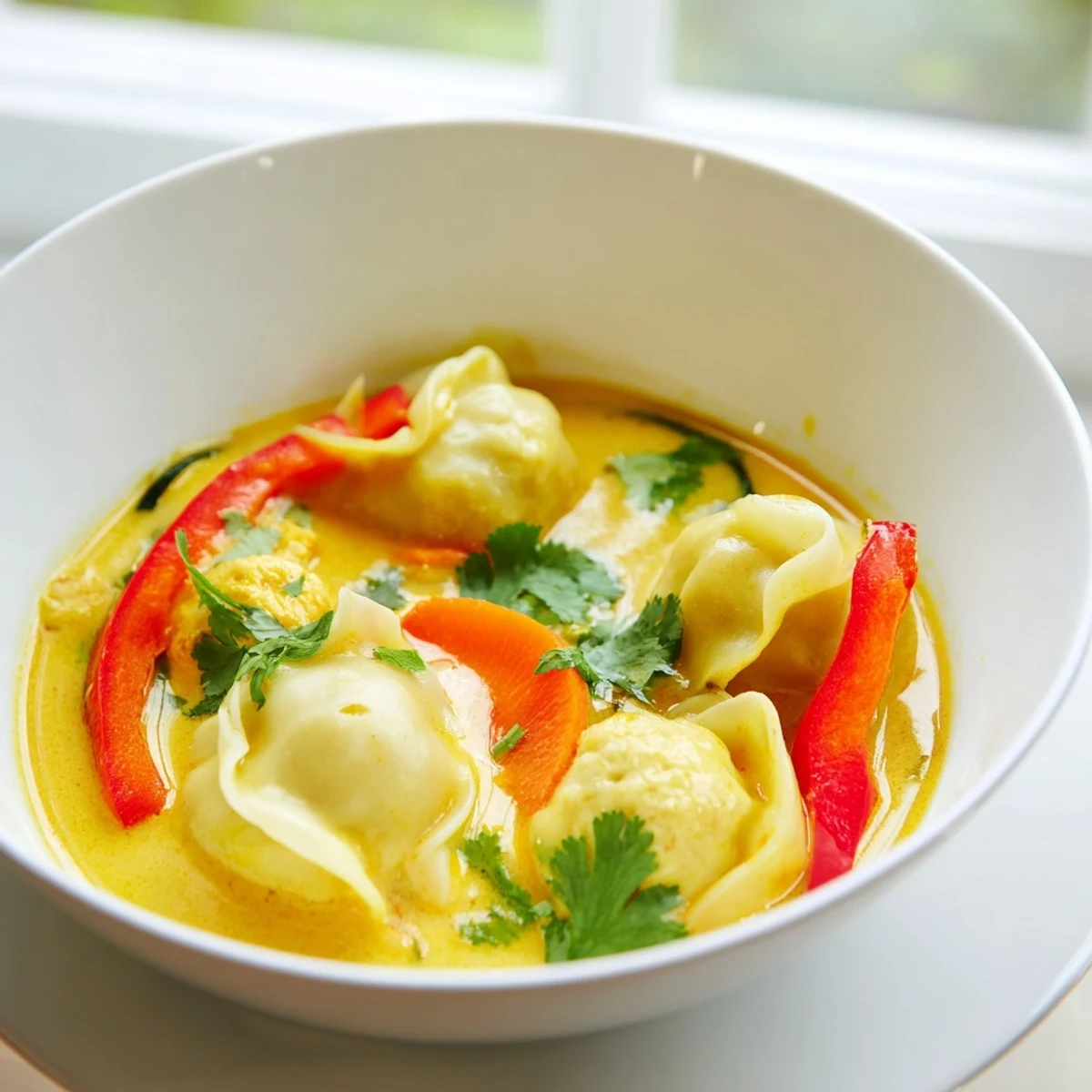 Cozy pot of Yellow Thai Curry Dumpling Soup with tofu dumplings and fresh vegetables on a wooden table.