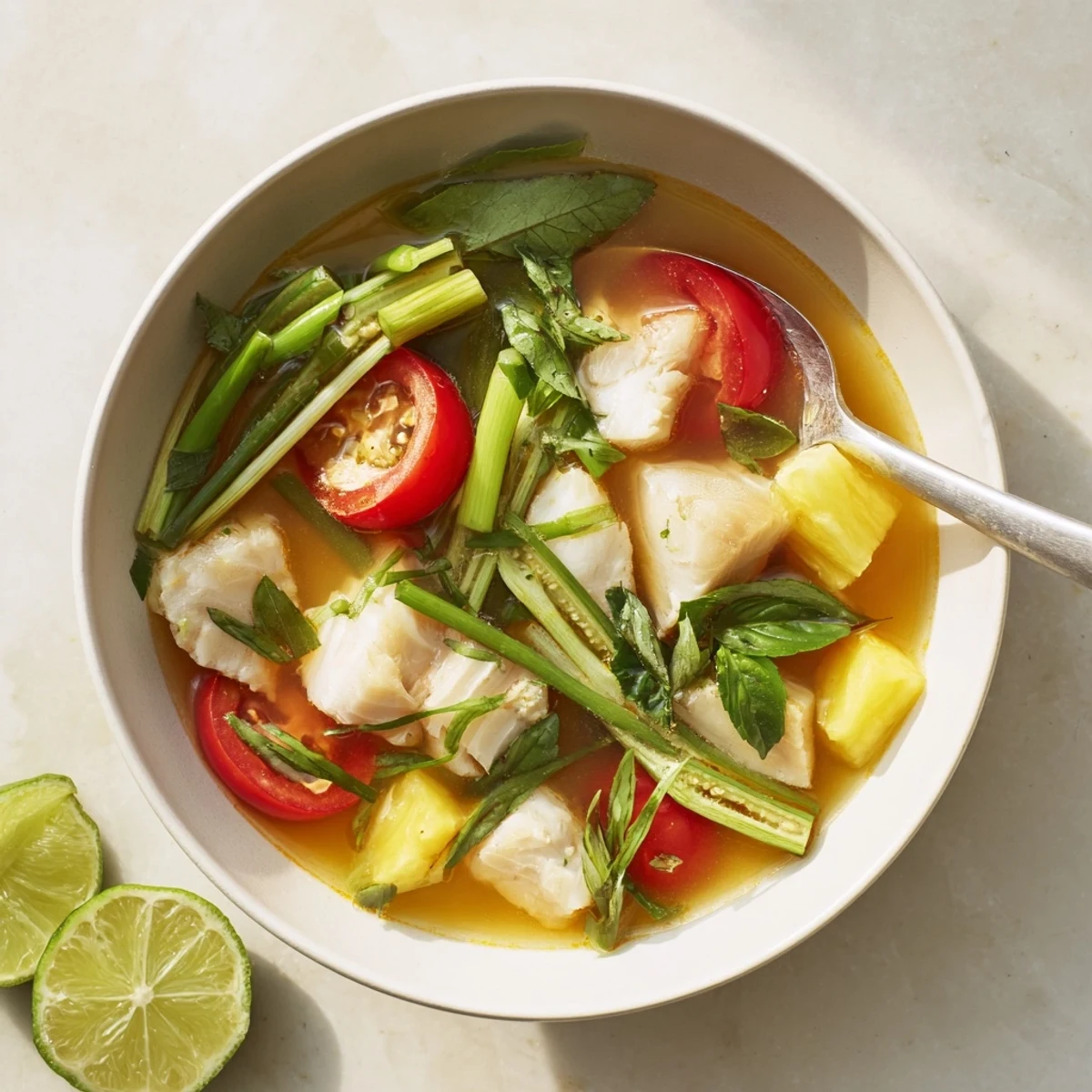 A vibrant bowl of Modern Canh Chua soup with tender fish, pineapple, and fresh herbs garnished with lime wedges.