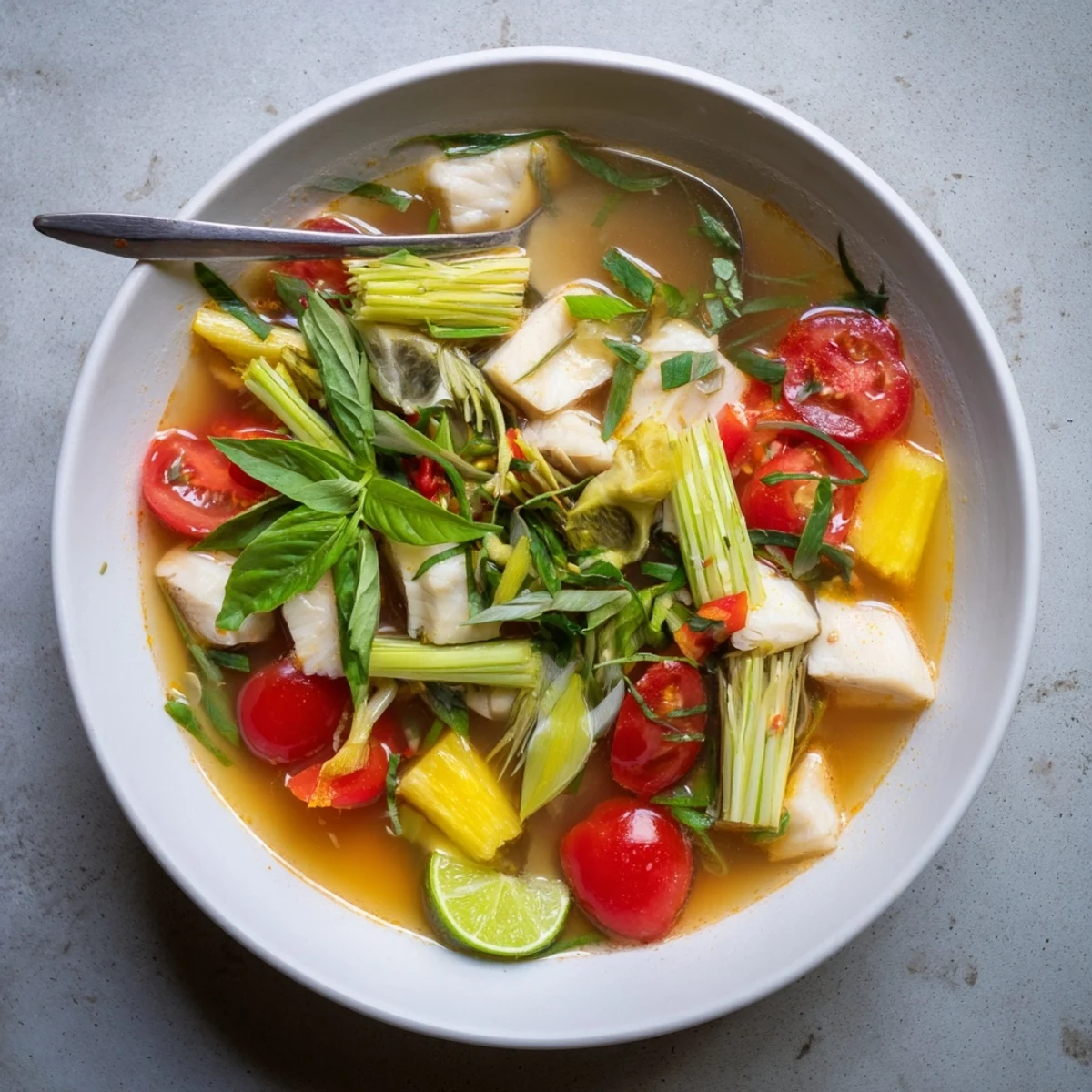Close-up shot of Modern Canh Chua sour soup featuring white fish, tomatoes, bean sprouts, and a golden tamarind broth.