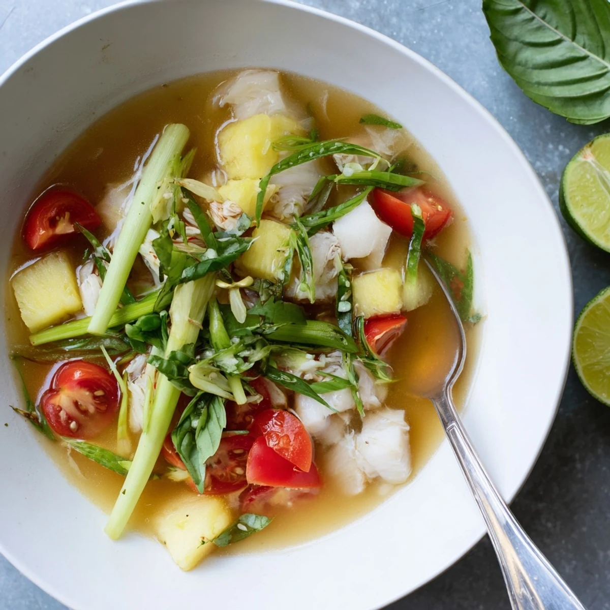 A steaming bowl of Modern Canh Chua served with Thai basil and cilantro, highlighting a tangy Vietnamese soup.