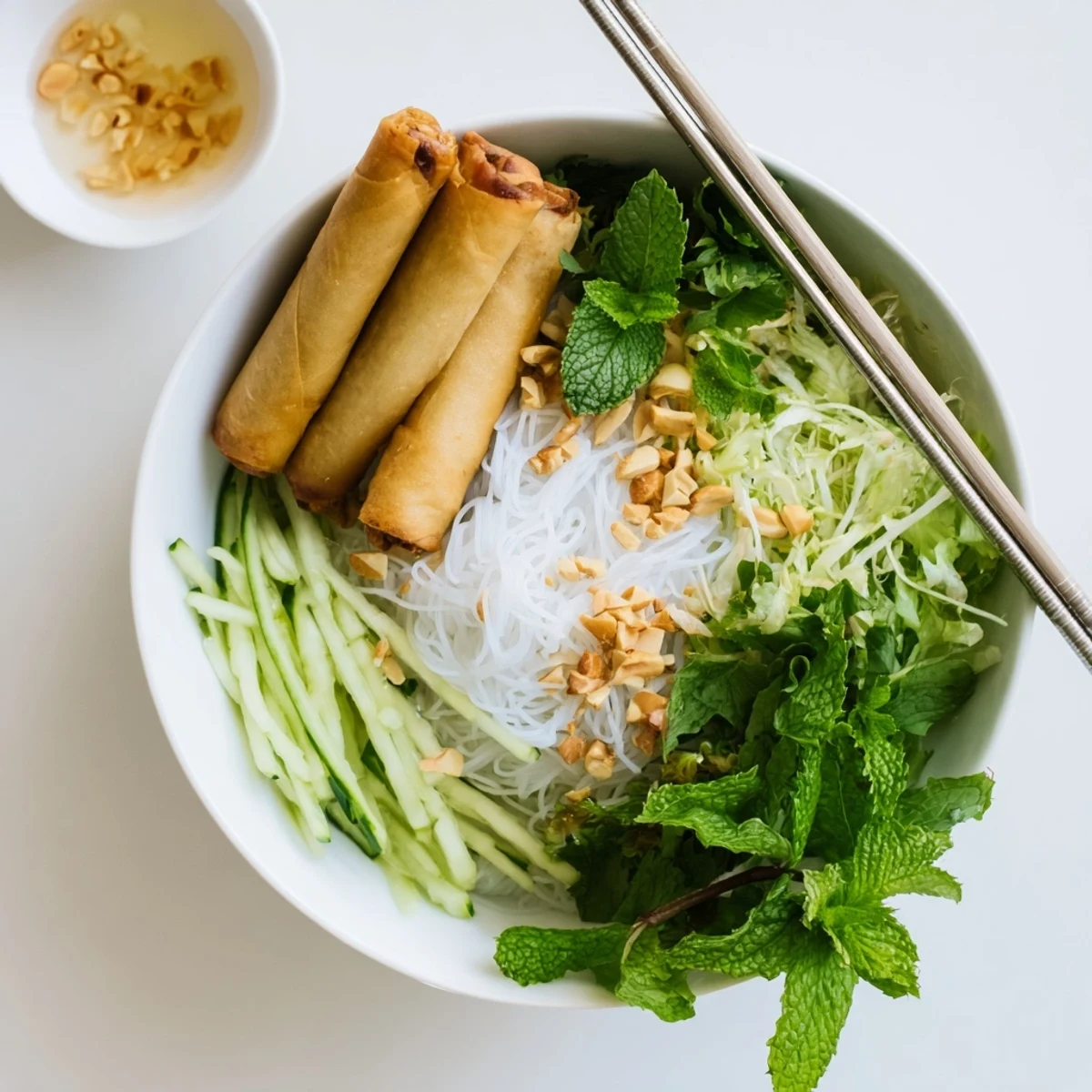 A close-up of Bun Cha Gio with golden fried spring rolls atop vermicelli noodles and fresh herbs, drizzled with nuoc cham sauce.