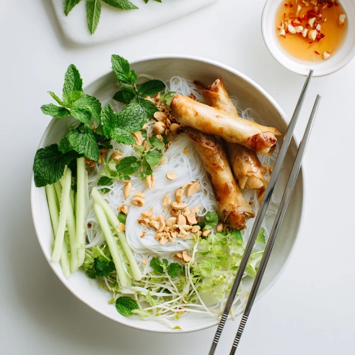 This Bun Cha Gio recipe shows crispy cha gio nestled on rice noodles with crunchy peanuts and fresh mint leaves on a plate.