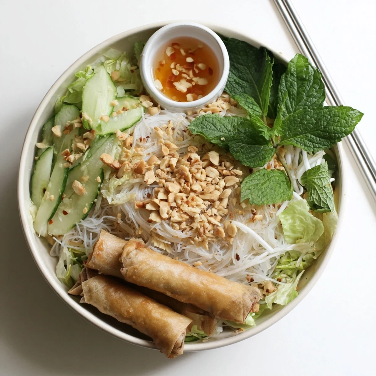 A vibrant Vietnamese Bun Cha Gio bowl with sliced spring rolls, bean sprouts, and cucumber, ready for a drizzle of tangy dipping sauce.