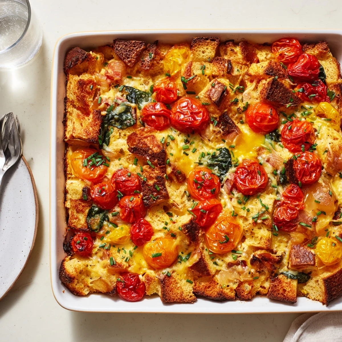 Golden slices of Cheesy Breakfast Strata With Roast Cherry Tomatoes emerge from the baking dish, showing bubbly cheese and vibrant red tomatoes.