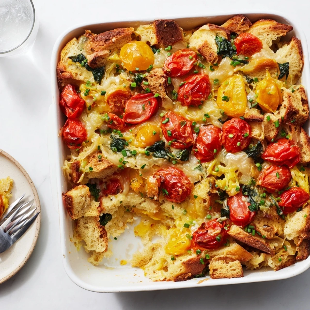 A close-up view of the Cheesy Breakfast Strata With Roast Cherry Tomatoes highlights fresh chives sprinkled over the savory egg and bread layers.