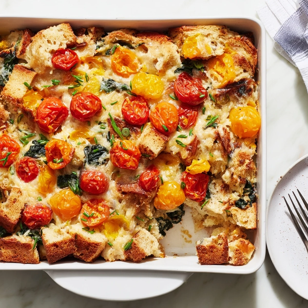 Serving suggestion showing a plated portion of Cheesy Breakfast Strata With Roast Cherry Tomatoes next to a fork and morning coffee.