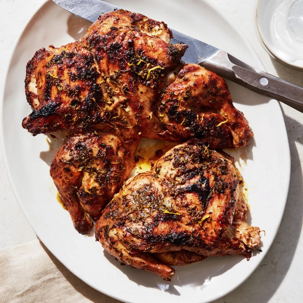 Juicy BBQ Roast Lemon and Oregano Chicken served with lemon wedges and oregano sprigs.