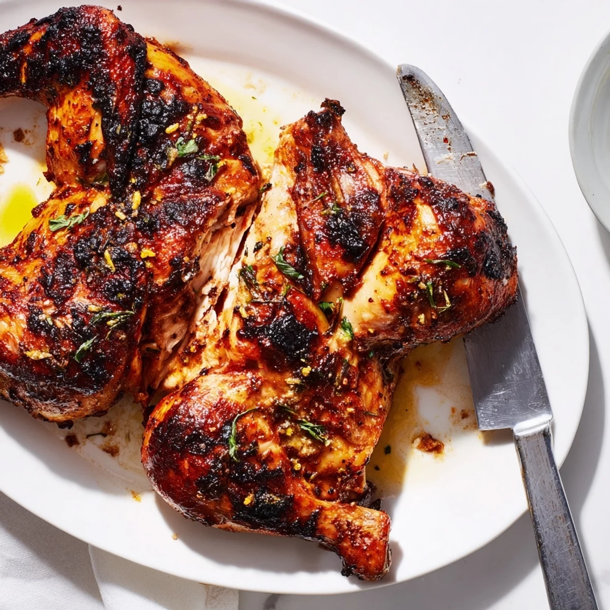 Spatchcocked BBQ Roast Lemon and Oregano Chicken with crispy golden skin and aromatic herbs.