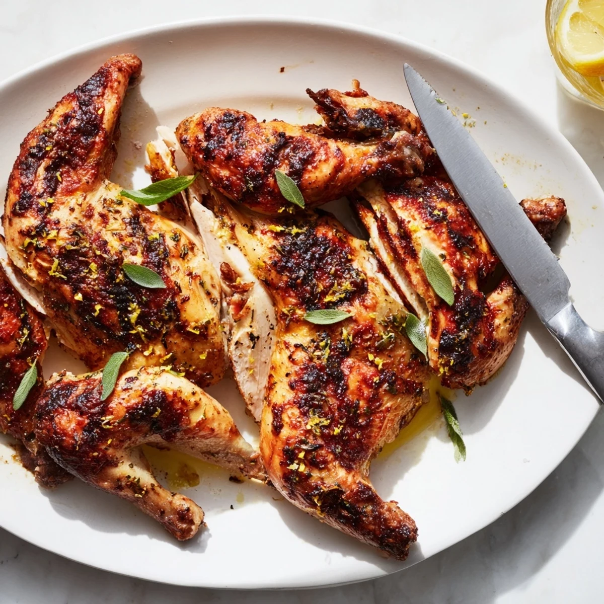Perfectly roasted BBQ Roast Lemon and Oregano Chicken ready for a summer family dinner.