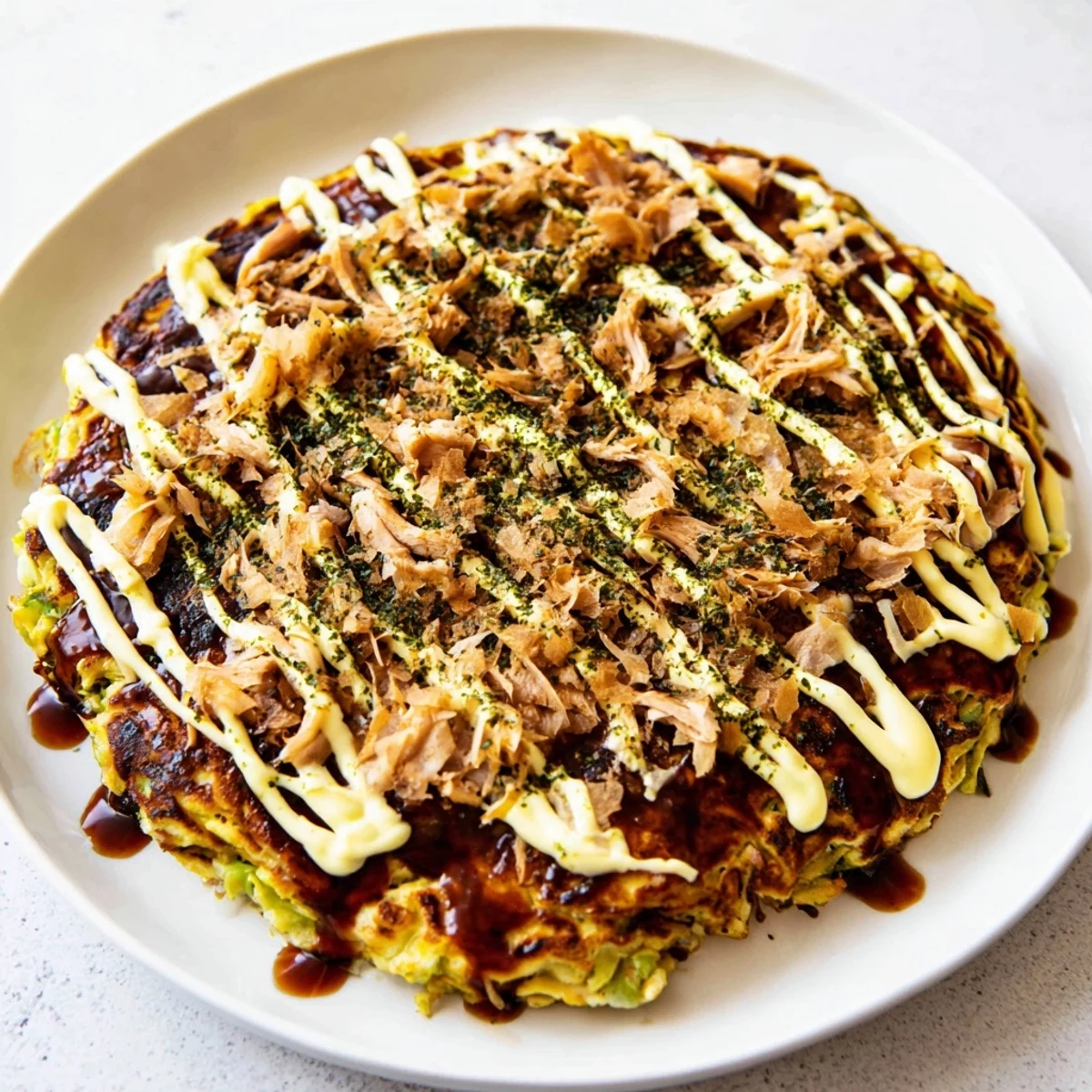Golden-brown Chicken Okonomiyaki pancake topped with drizzled okonomiyaki sauce, creamy Japanese mayo, and dancing bonito flakes, served hot.